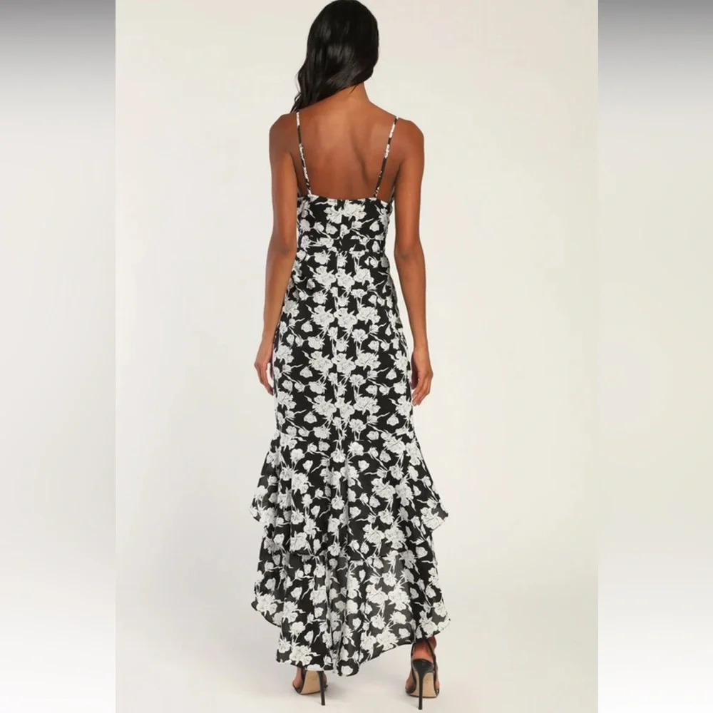 Lulus Darling Daylily White and Black Floral Print High-Low Maxi Dress, NWT - Picture 13 of 17